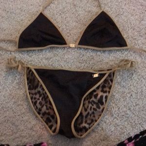 Designer reversible leopard and brown with gold shimmer trim bikini